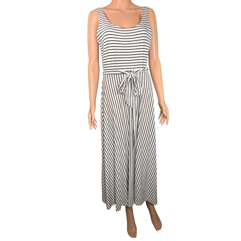 LOFT‎ Womens Striped Maxi Dress Size M Navy White Sleeveless Belted Knit NEW